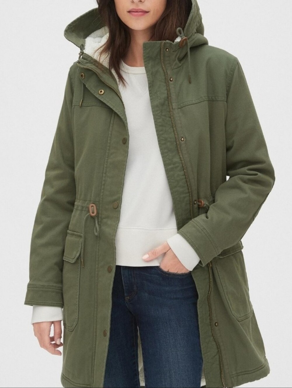 🟡GAP Olive Sherpa-Lined Hooded Utility Jacket